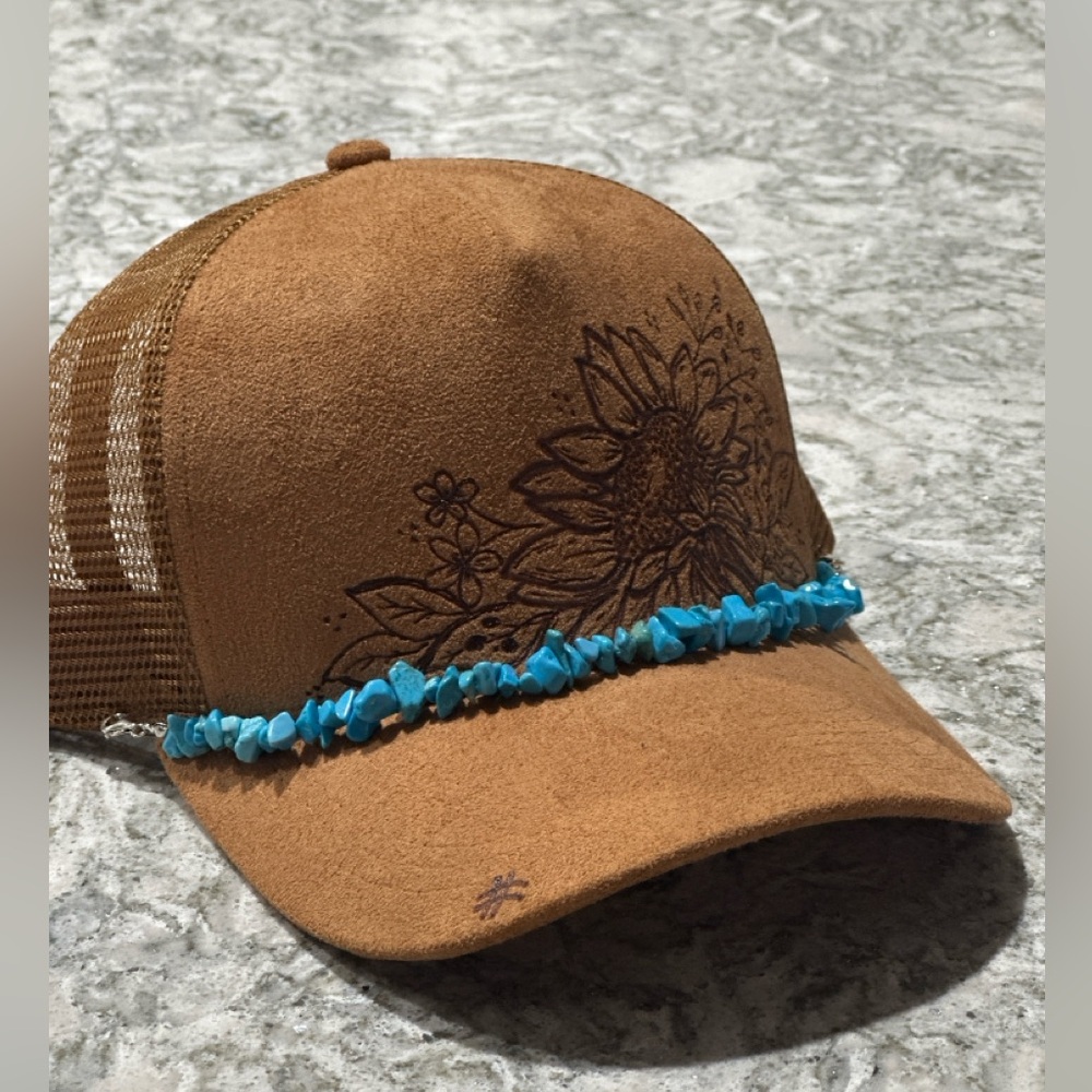 Suede, Burned Floral Design, Camel Brown, Artist Created, Structured Trucker Hat